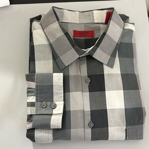 Alfani Men's Slim Fit Shirt Gray Plaid Two Front Patch Pockets with Flaps